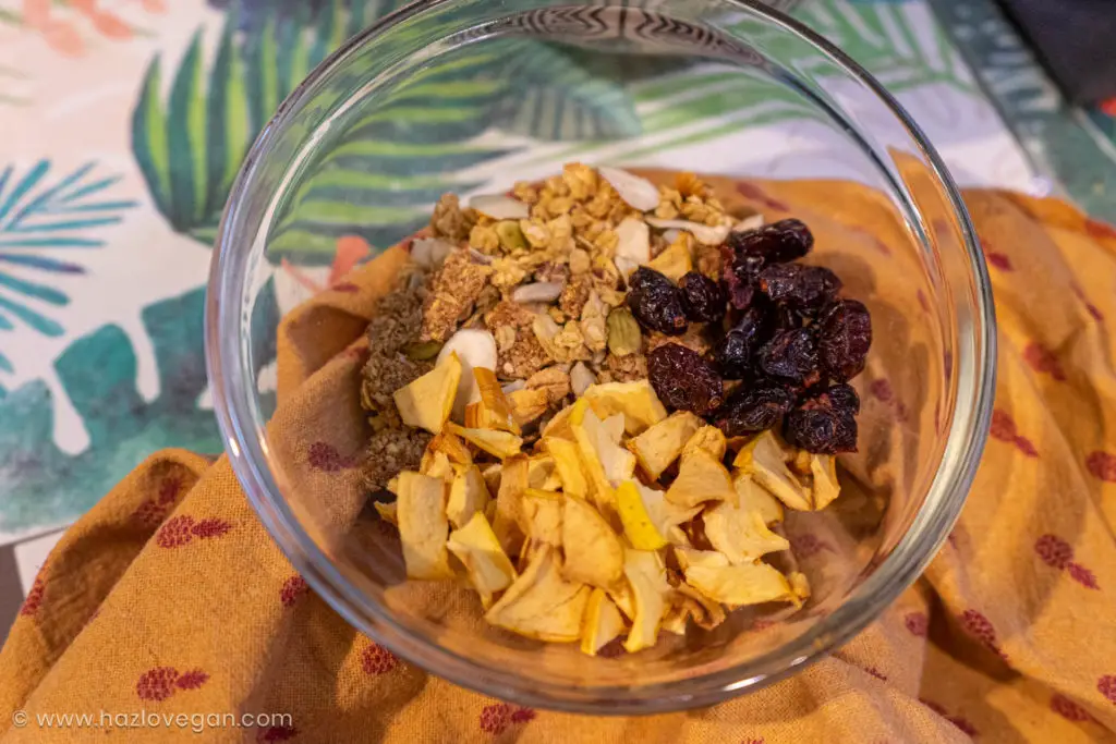Ejemplo de porción de granola vegana con manzanas deshidratas y cranberries - Hazlo Vegan